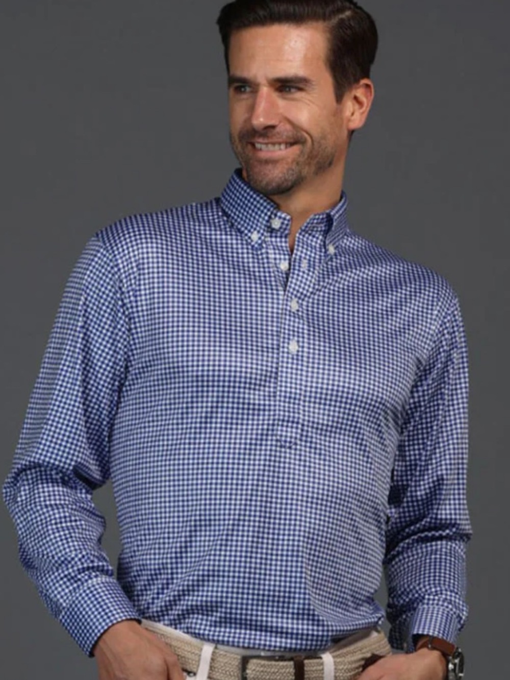NWOT Collars & Co. Blue Gingham Oxford Button Down Collar Polo Long Sleeve Small